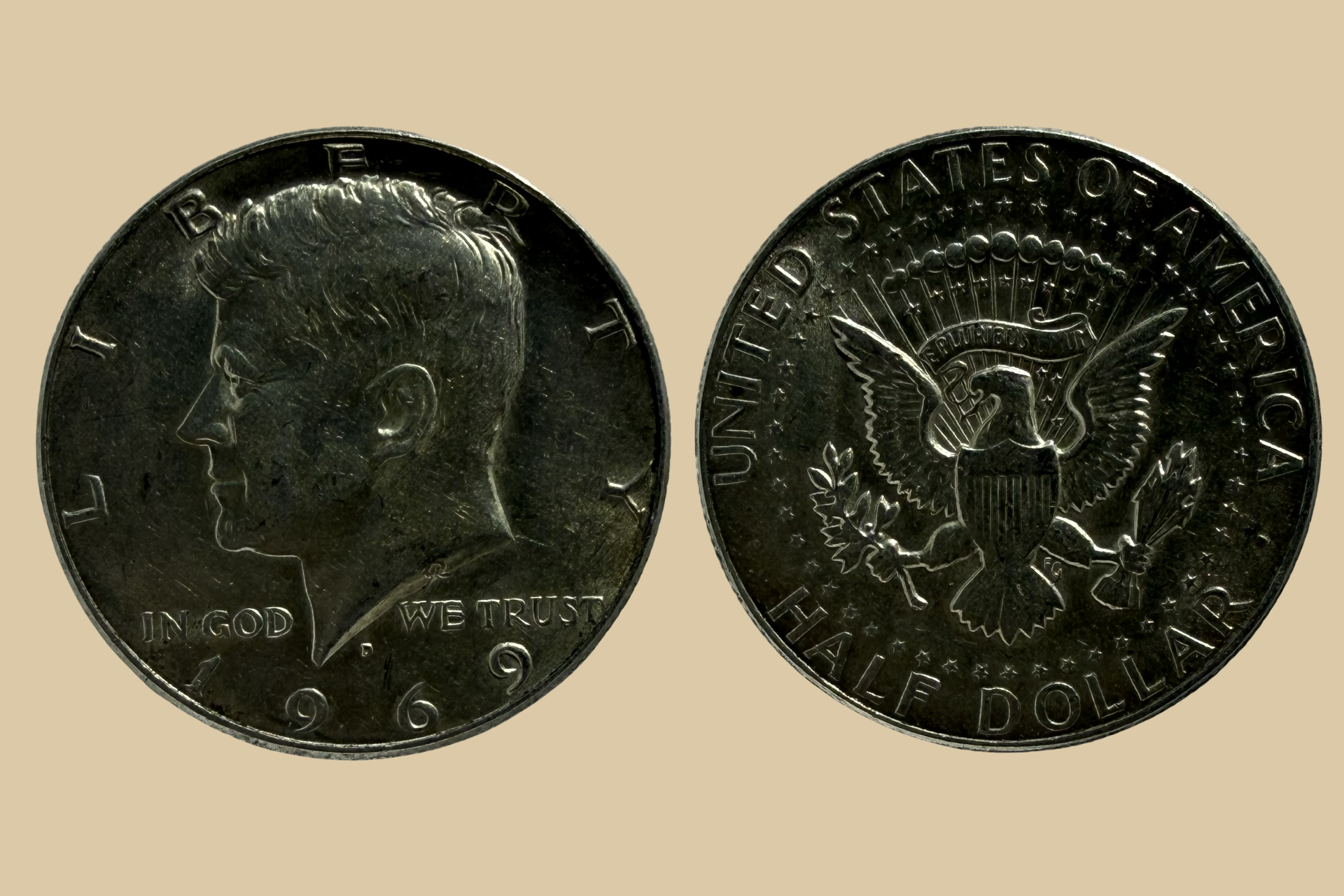1969 Denver JFK Half Dollar silver obverse and reverse