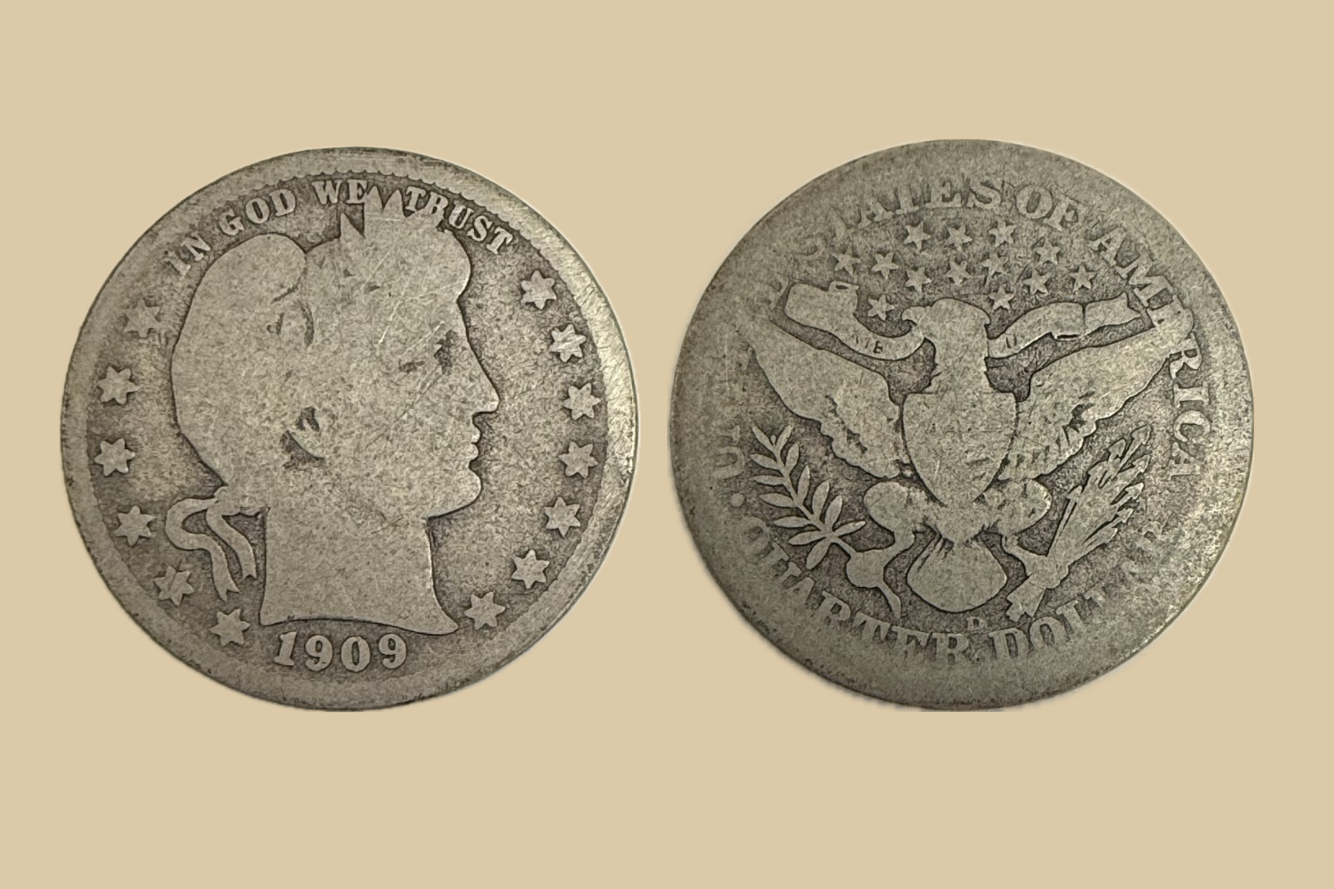 1909 D Barber Quarter silver coin obverse and reverse
