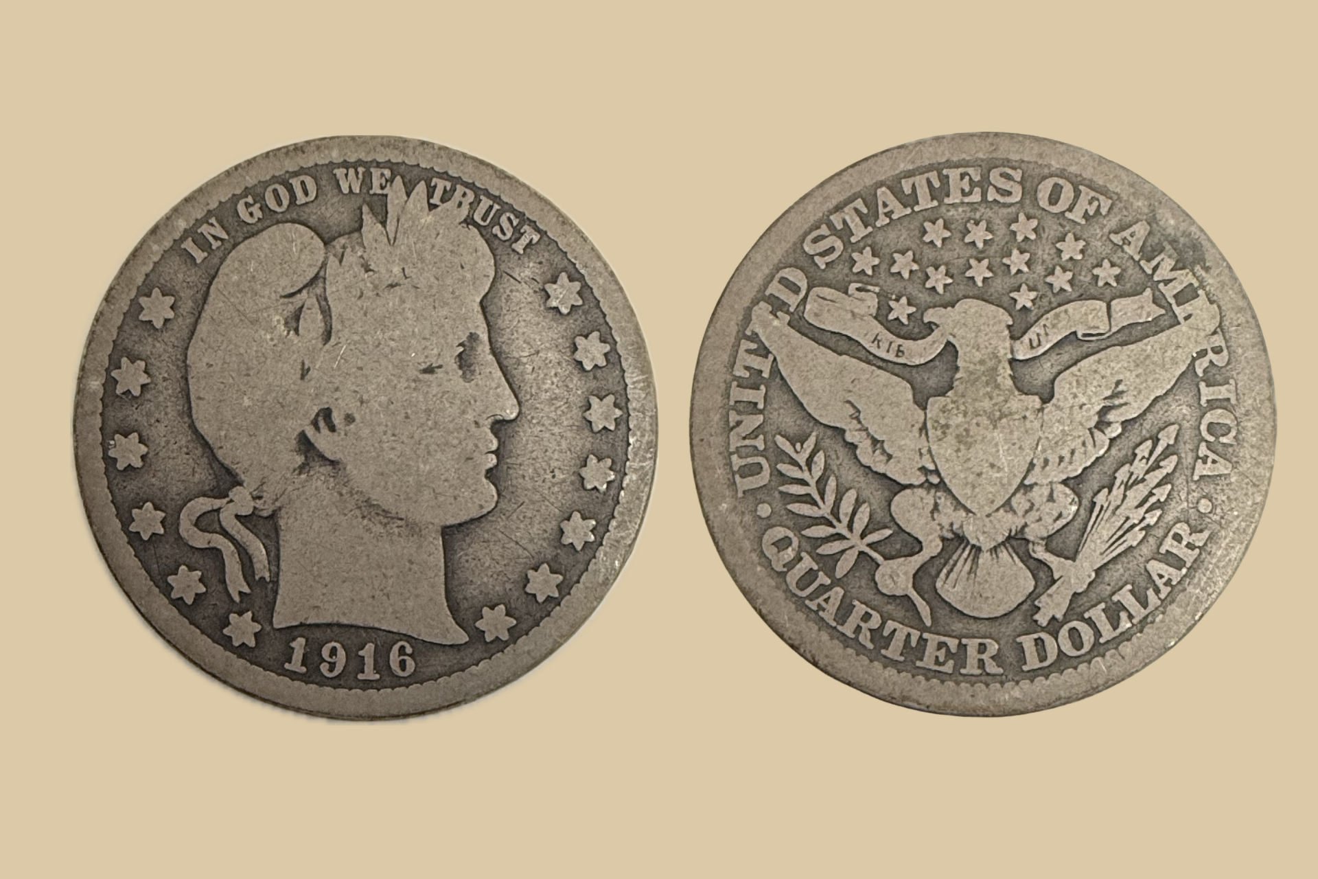 1916 Barber Quarter silver coin obverse and reverse