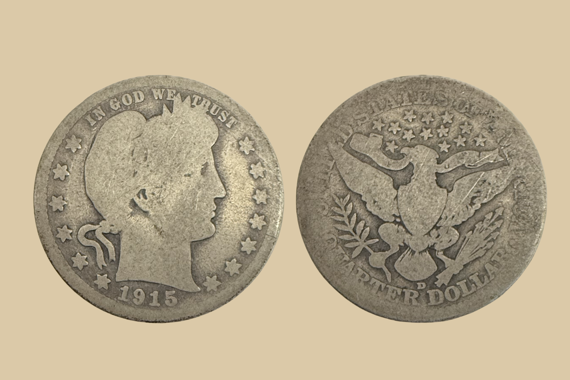 1915 D Barber Quarter silver coin obverse and reverse