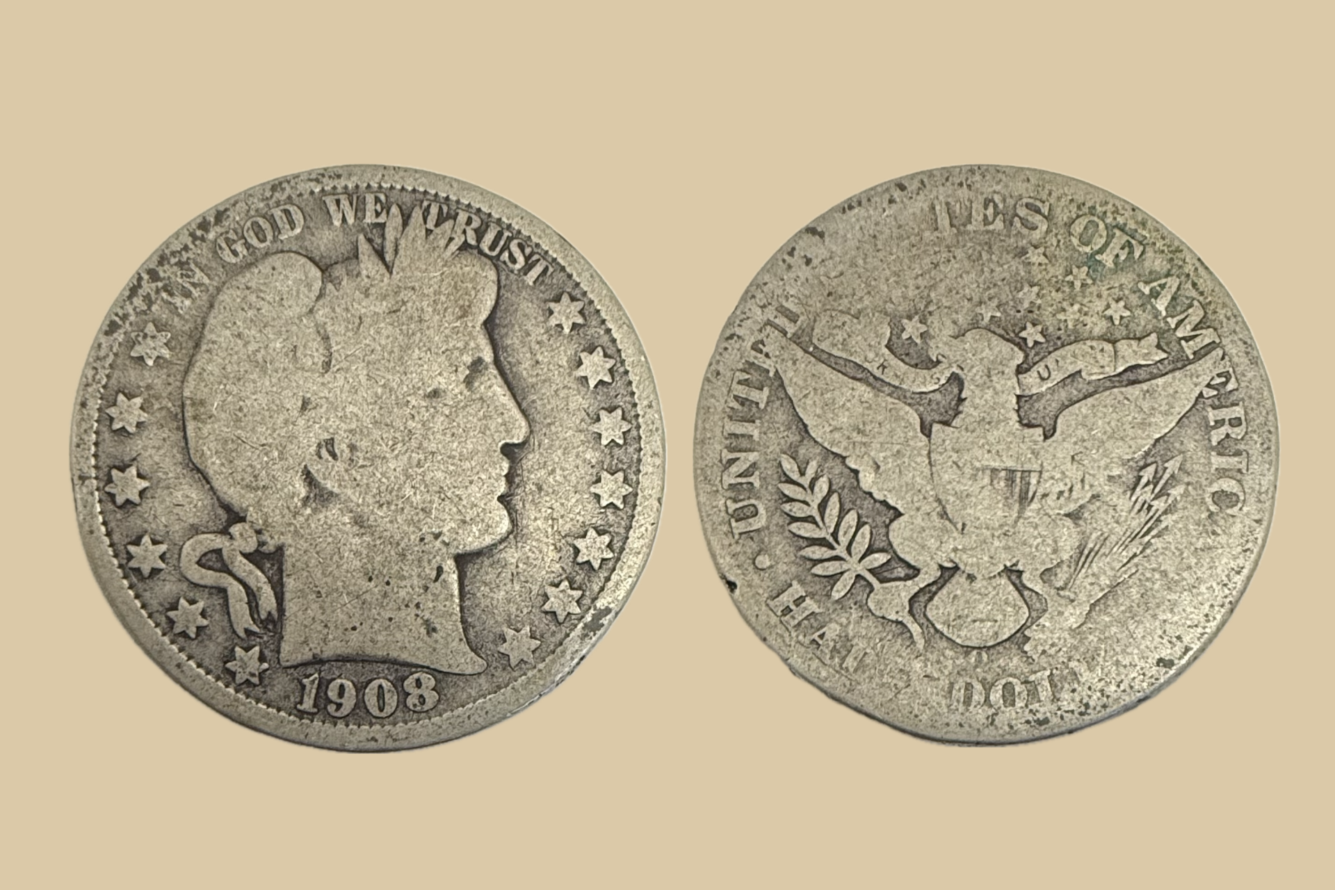 1908 O Barber Half Dollar silver coin obverse and reverse