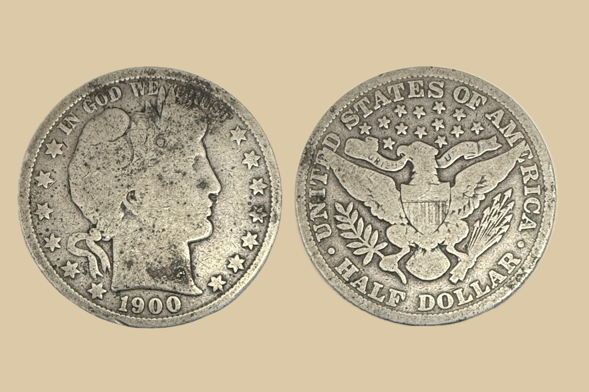 1900 Barber Half Dollar silver coin obverse and reverse