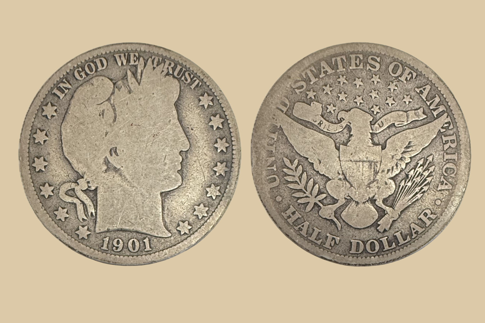 1901 Barber Half Dollar silver coin obverse and reverse