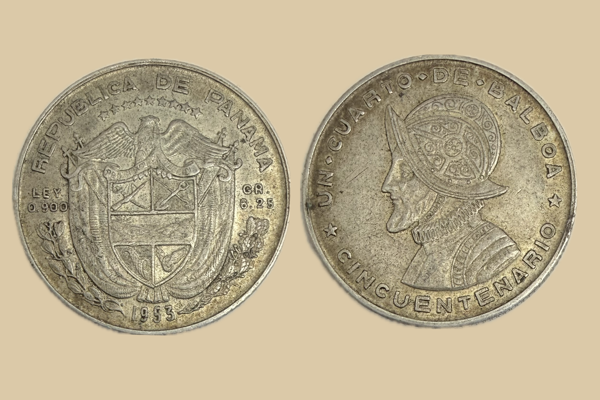 1953 Panama Quarter Balboa silver coin obverse and reverse
