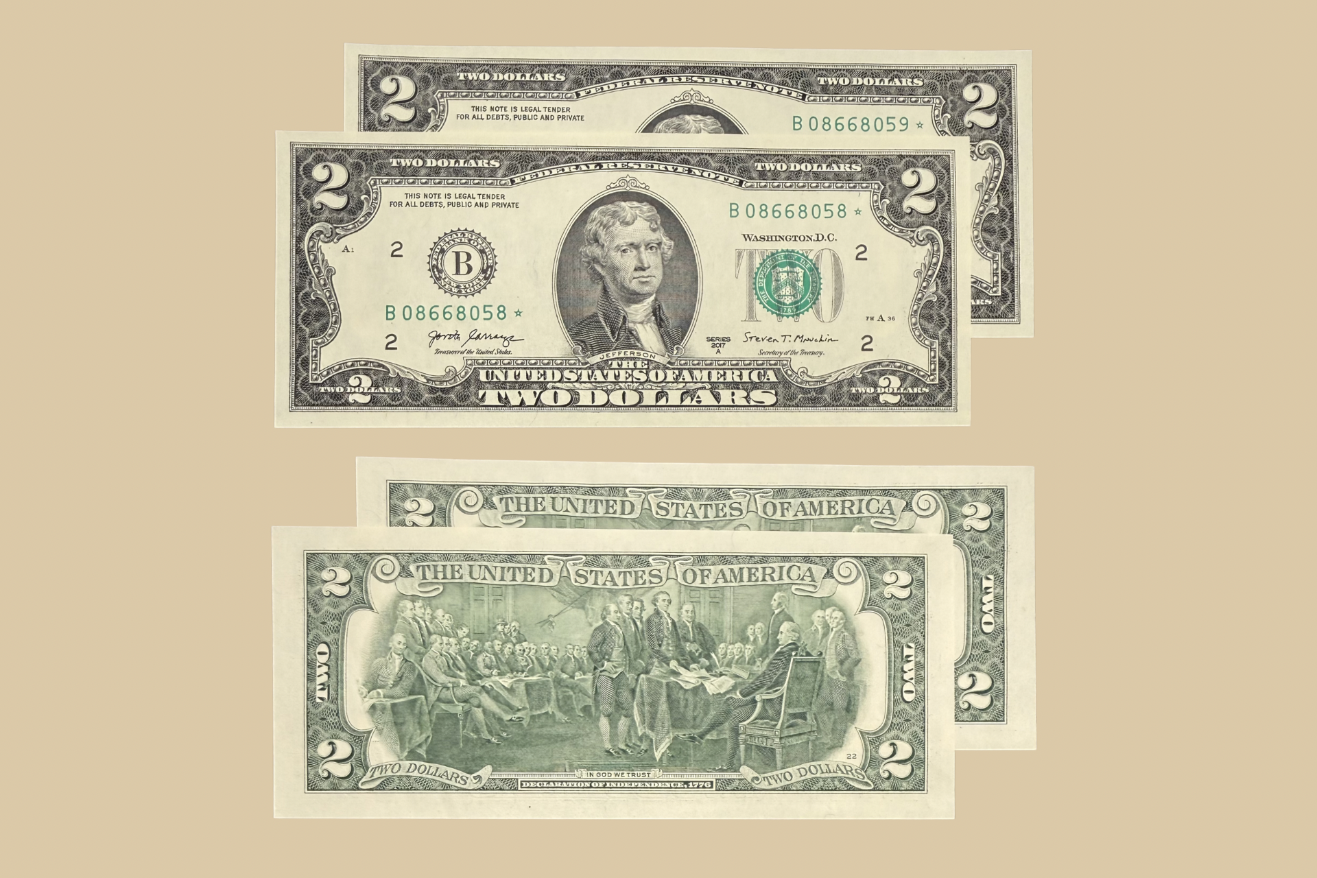 2017 A United States Consecutive Serial $2 Star Notes front and back