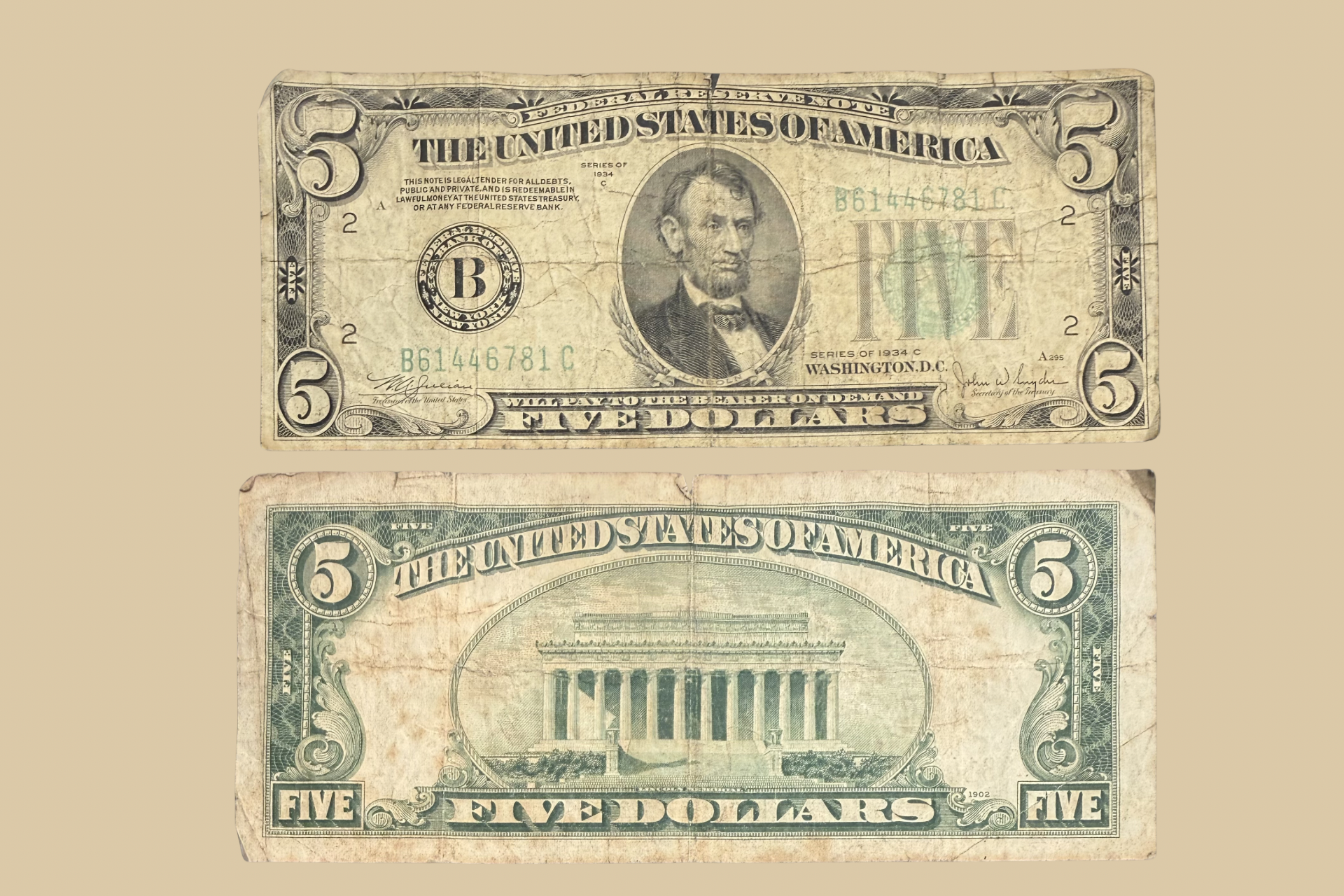 1934 C United States $5 Federal Reserve Note front and back