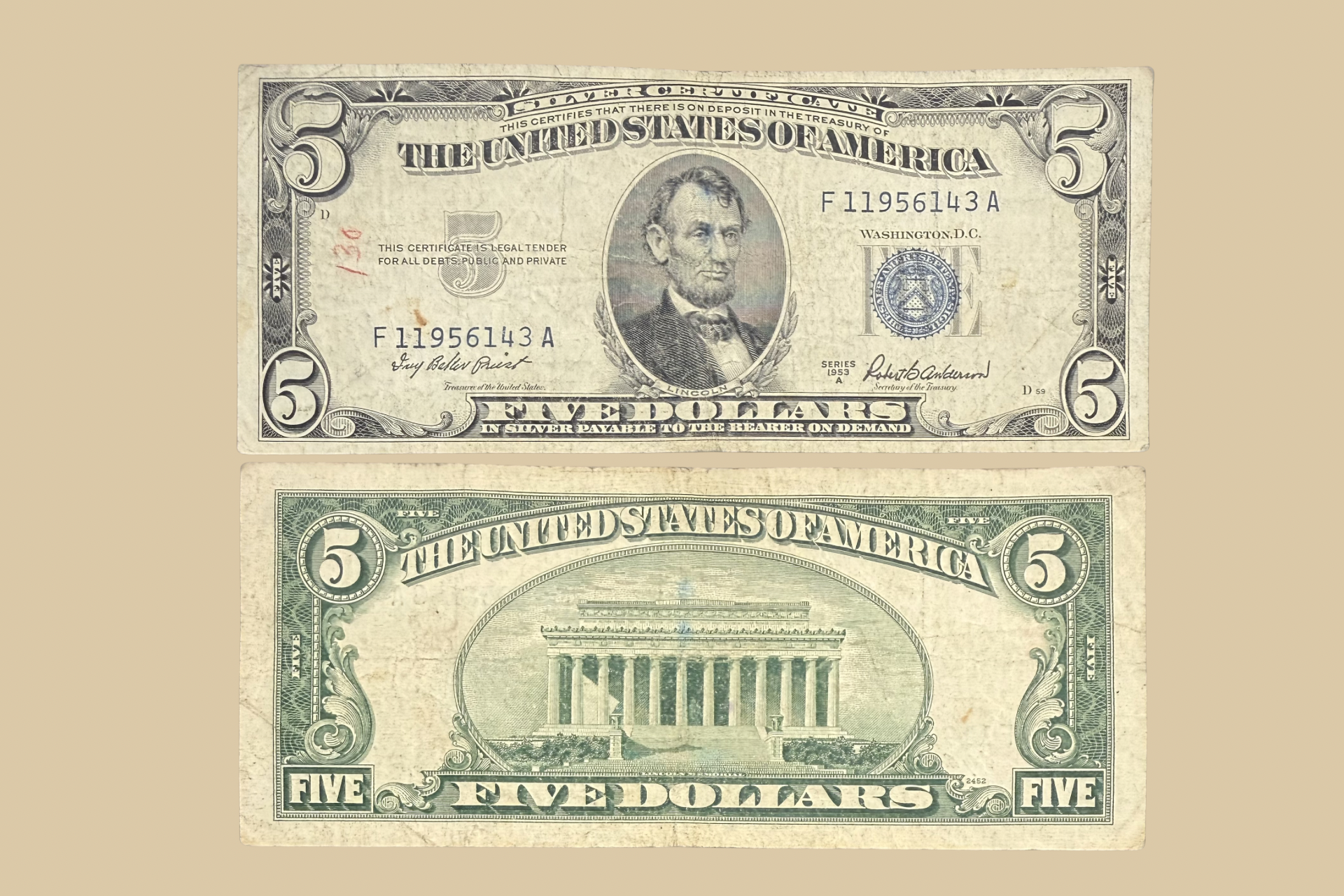 1953 A United States $5 Silver Certificate front and back