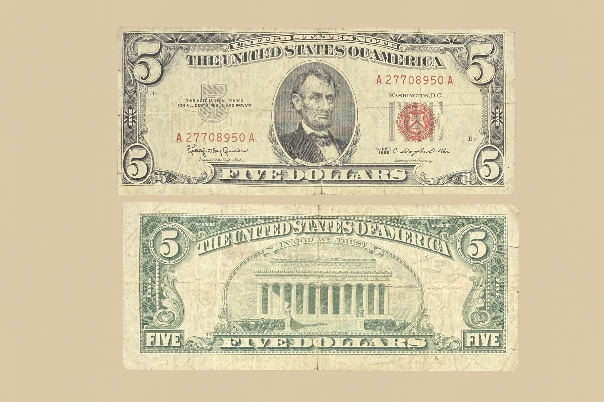 1963 United States $5 Note (Red Seal) front and back