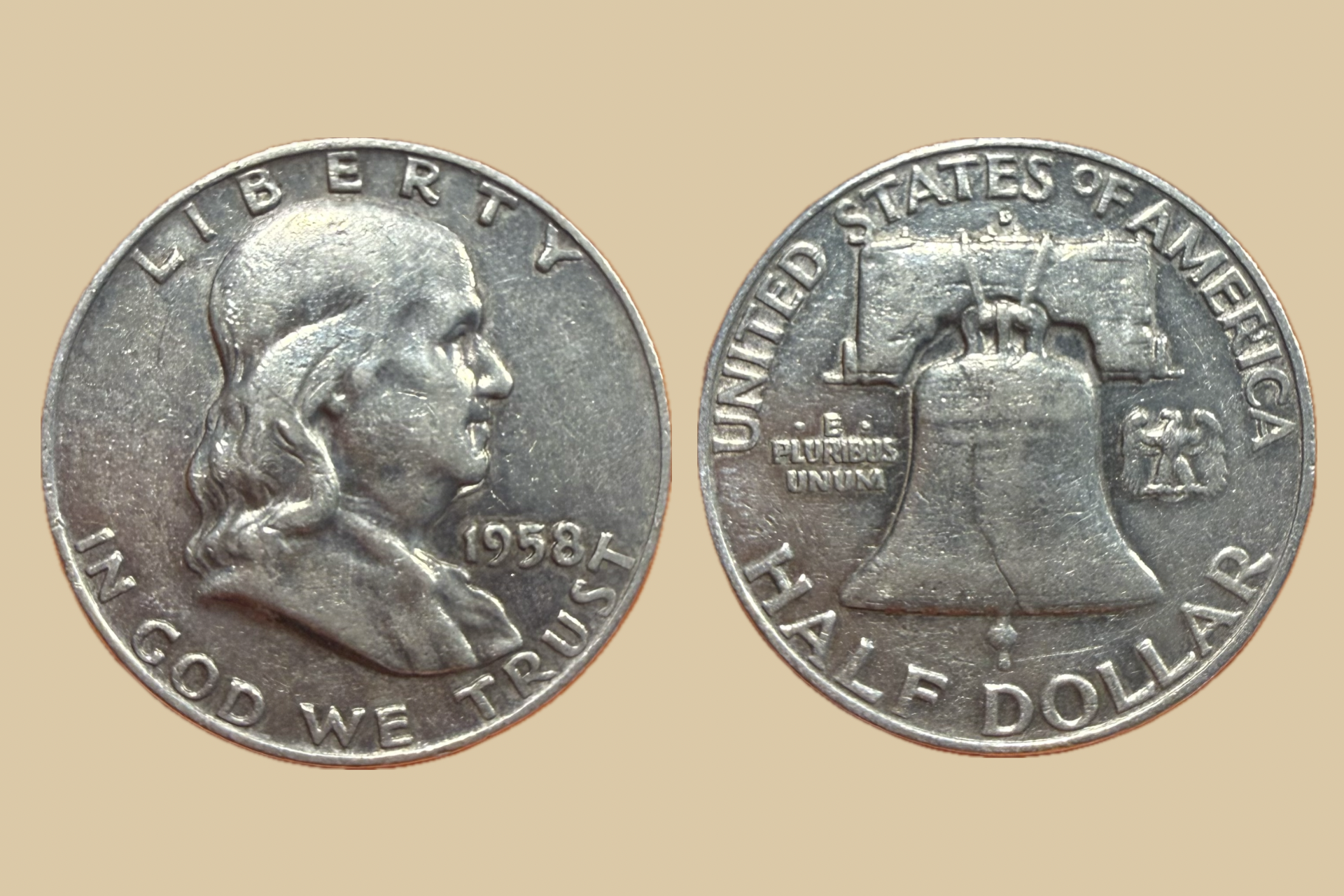 1958 D Franklin Half Dollar silver coin obverse and reverse