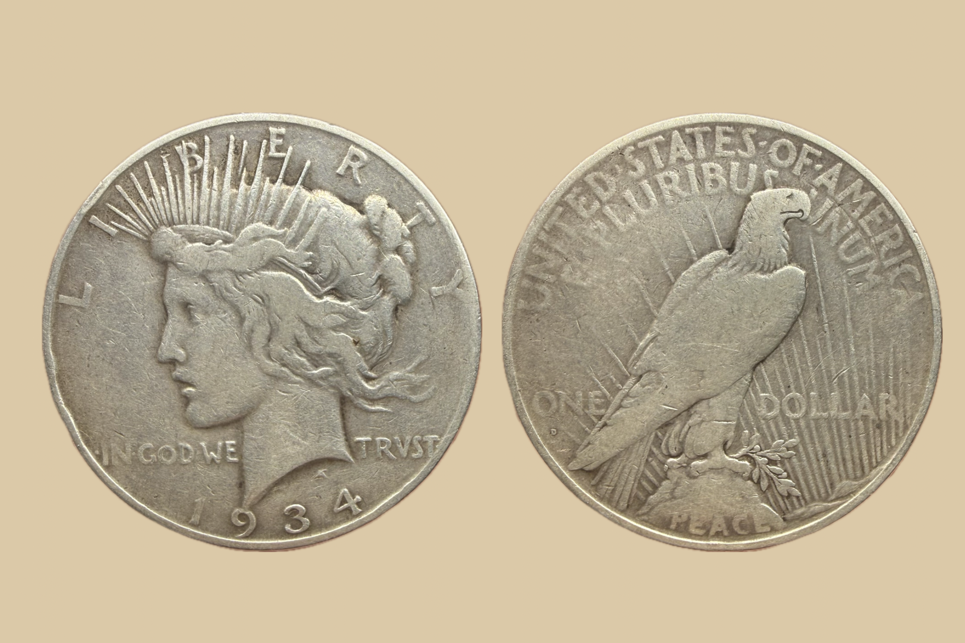 1934 D USA Silver Peace Dollar Coin Micro D Variety obverse and reverse