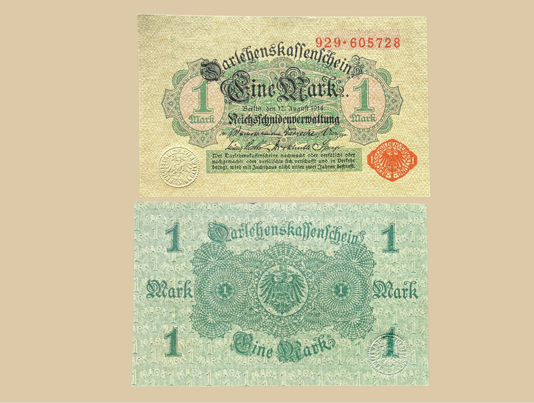 Germany 1914 1 Mark Darlehenskassenschein Banknote front and back