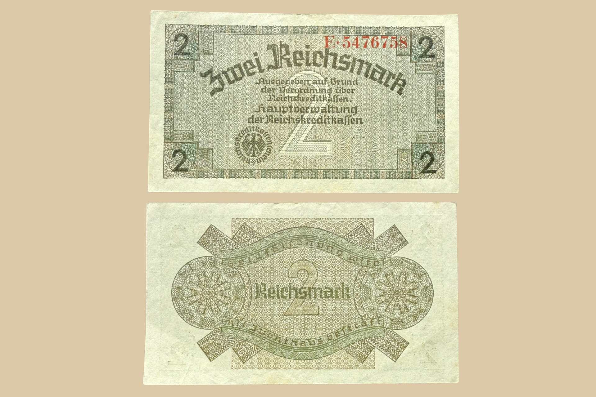 Germany 2 Reichsmark Reichskreditkassen WWII occupation note front and back