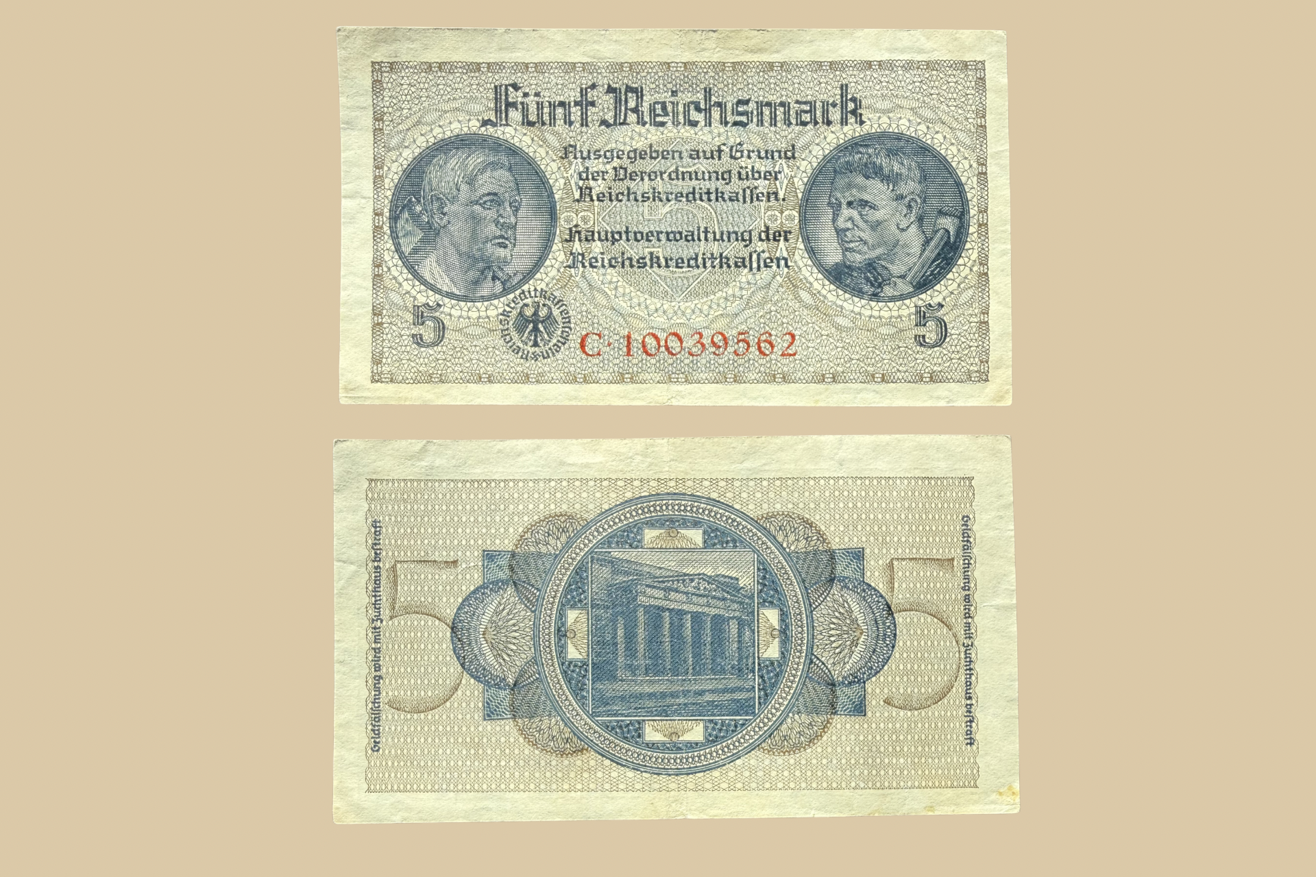 Germany WWII 5 Reichsmark Reichskreditkassen Banknote front and back