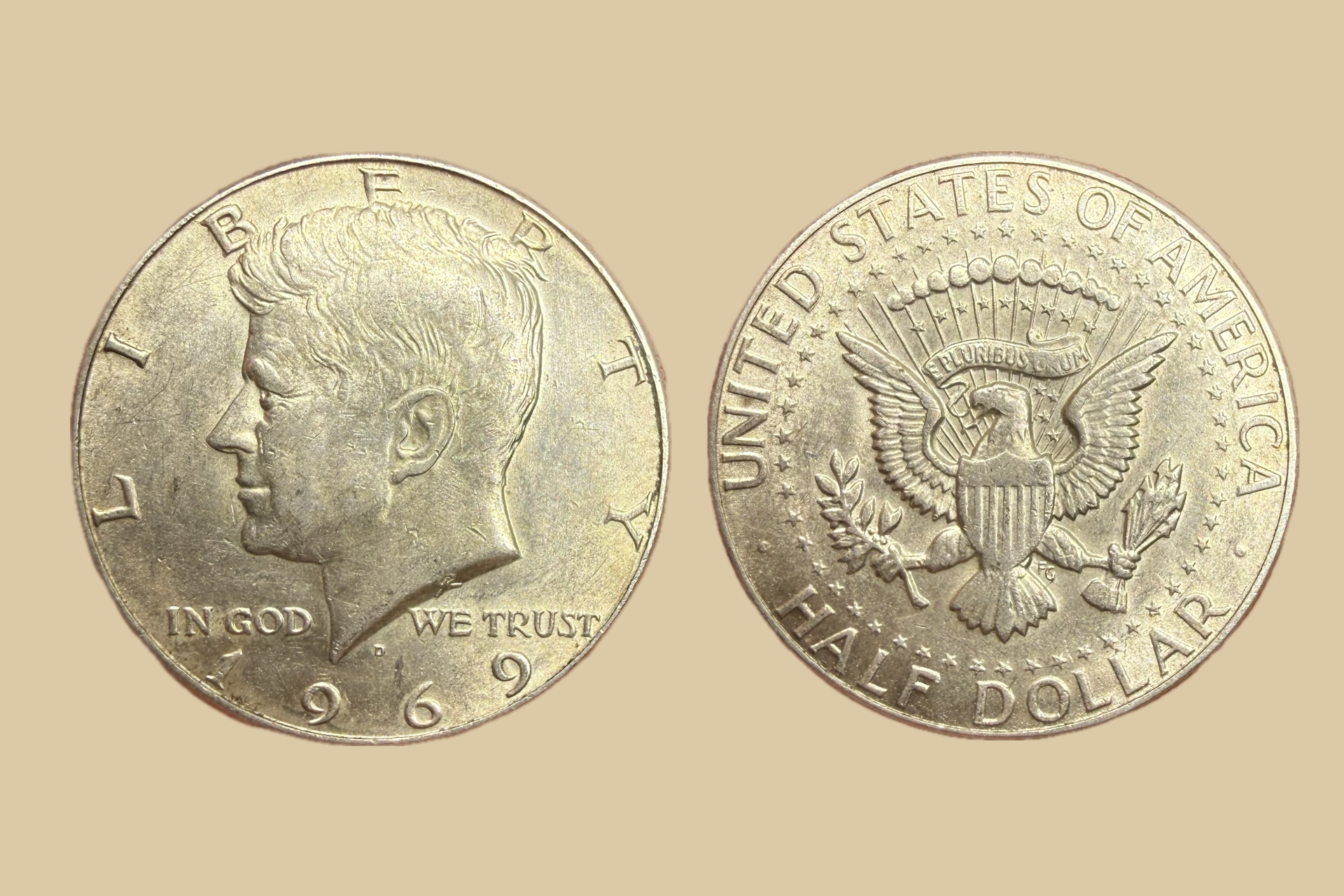 1969 Denver JFK Half Dollar silver obverse and reverse