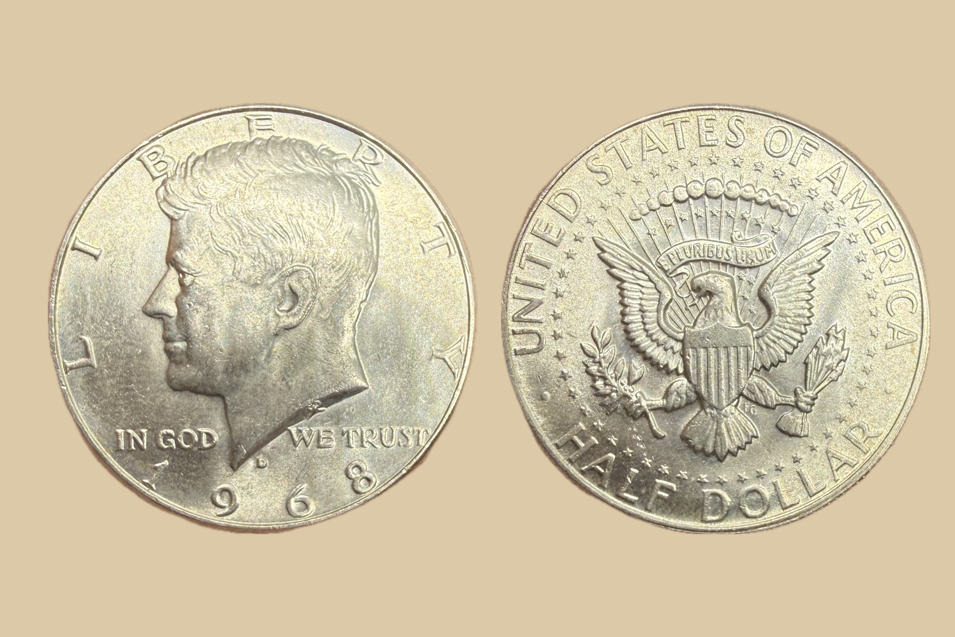 1968 Denver JFK Half Dollar silver obverse and reverse