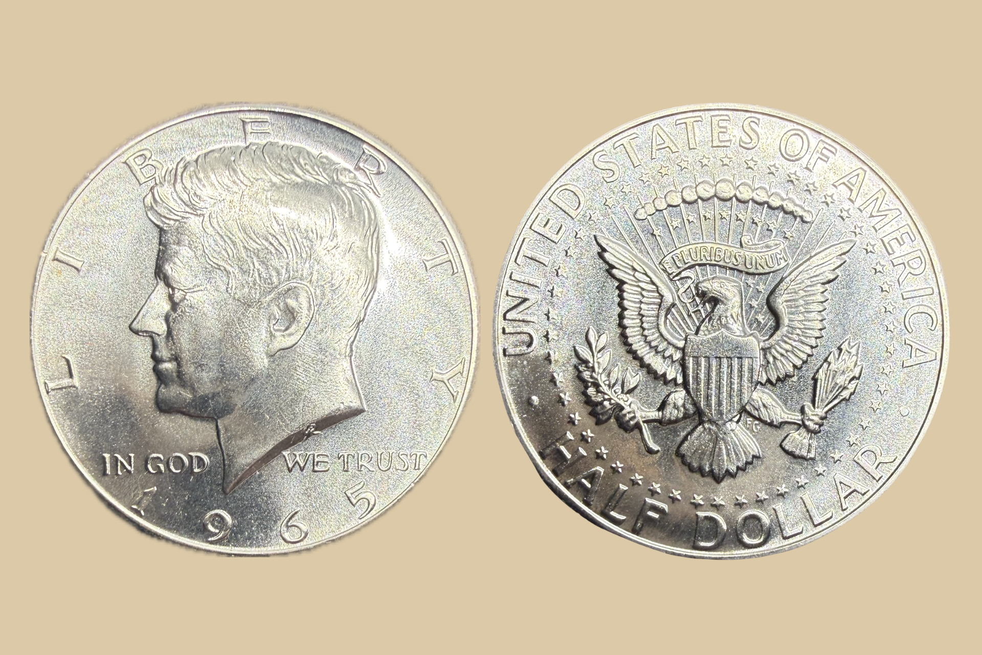 1965 JFK Half Dollar silver obverse and reverse