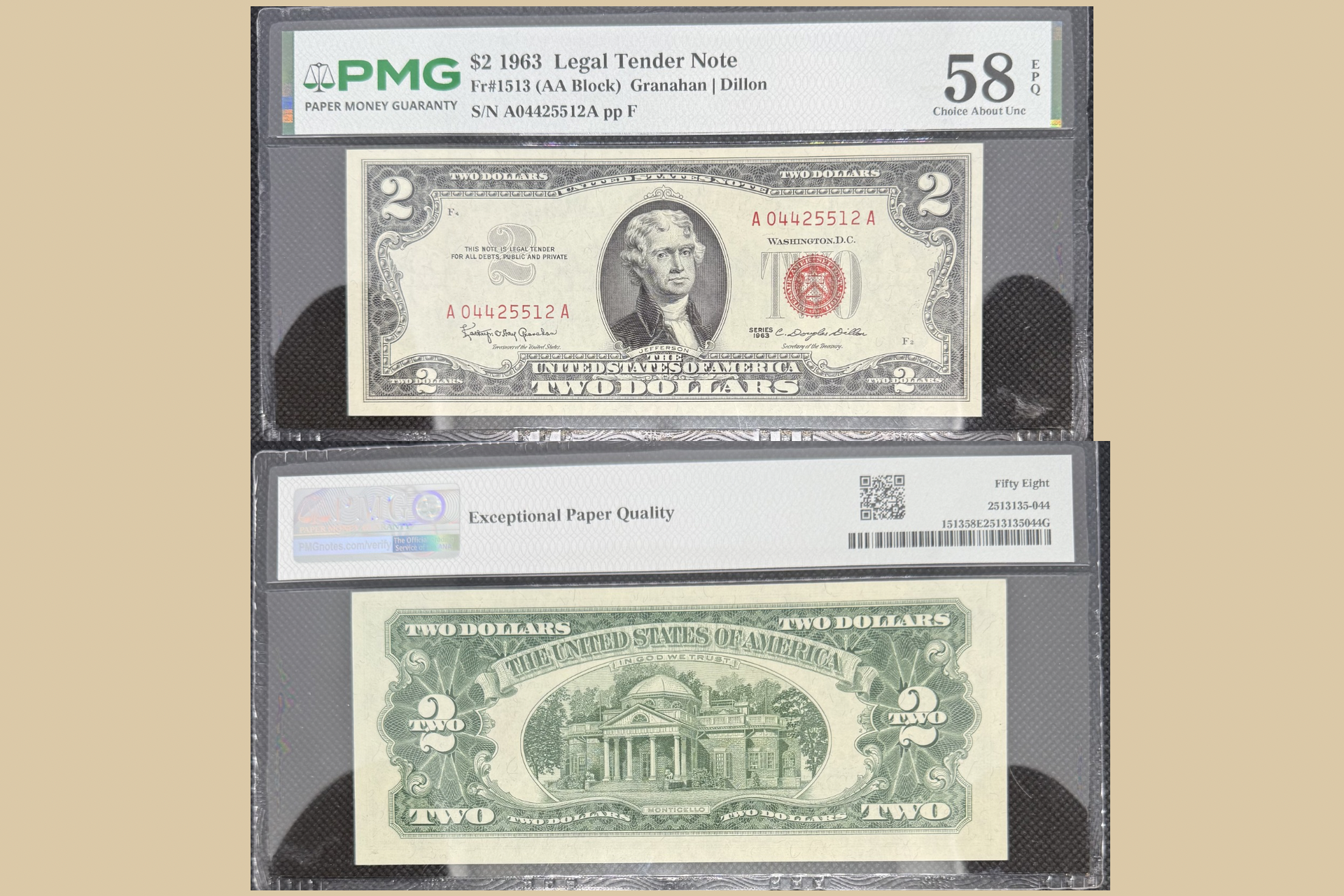 1963 United States $2 Note (Red Seal) | Graded PMG 58 EPQ (Choice About Unc) front and back