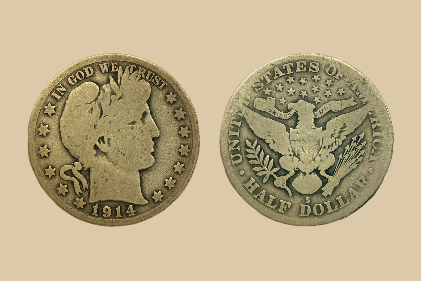 1914 S USA Barber Half Dollar Silver coin obverse and reverse
