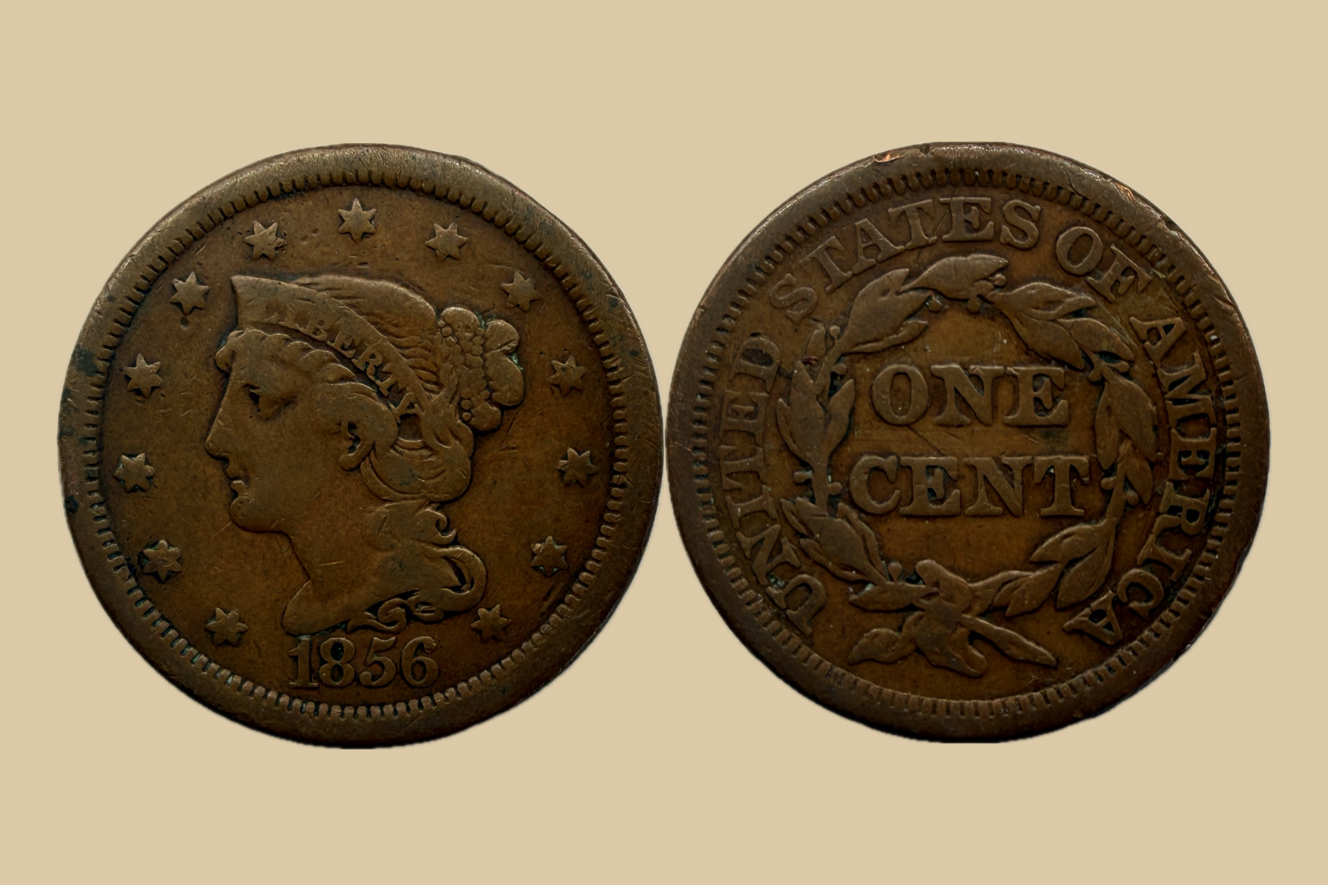 1856 Braided Hair Large Cent (Slanted 5 Variety) obverse and reverse