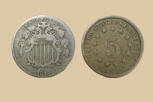 1874 USA Shield Nickel coin obverse and reverse