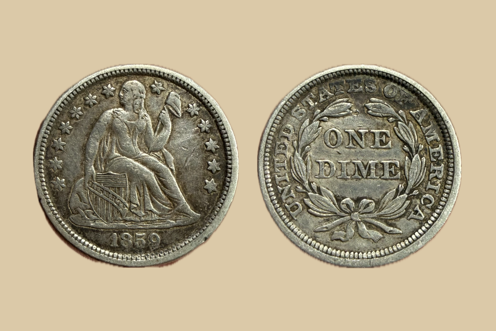 1859 USA Silver Seated Liberty Dime coin obverse and reverse