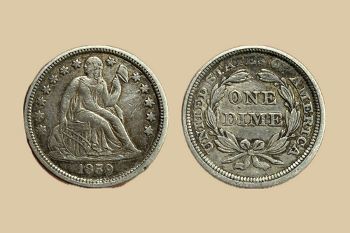 1859 USA Silver Seated Liberty Dime coin obverse and reverse