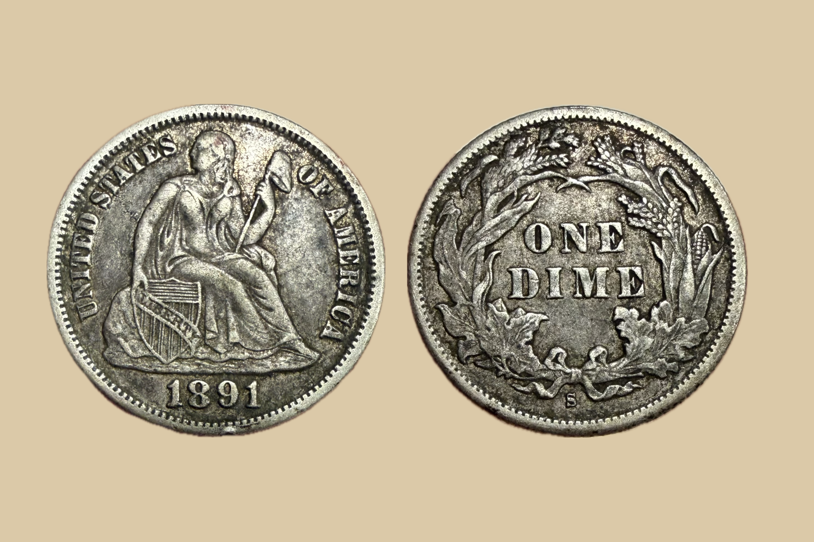 1891 S USA Silver Seated Liberty Dime coin obverse and reverse