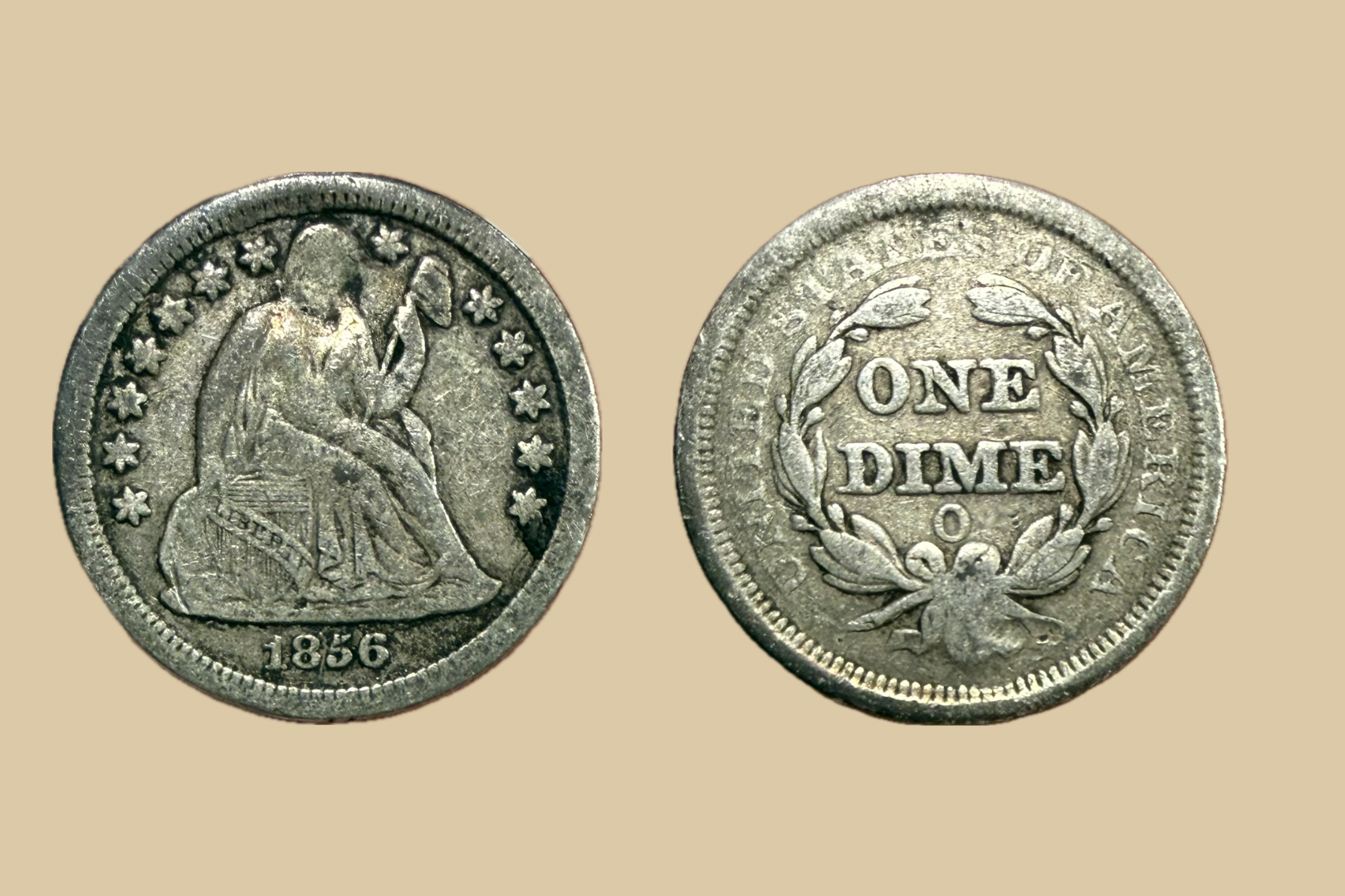 1856 O USA Silver Seated Liberty Dime coin obverse and reverse