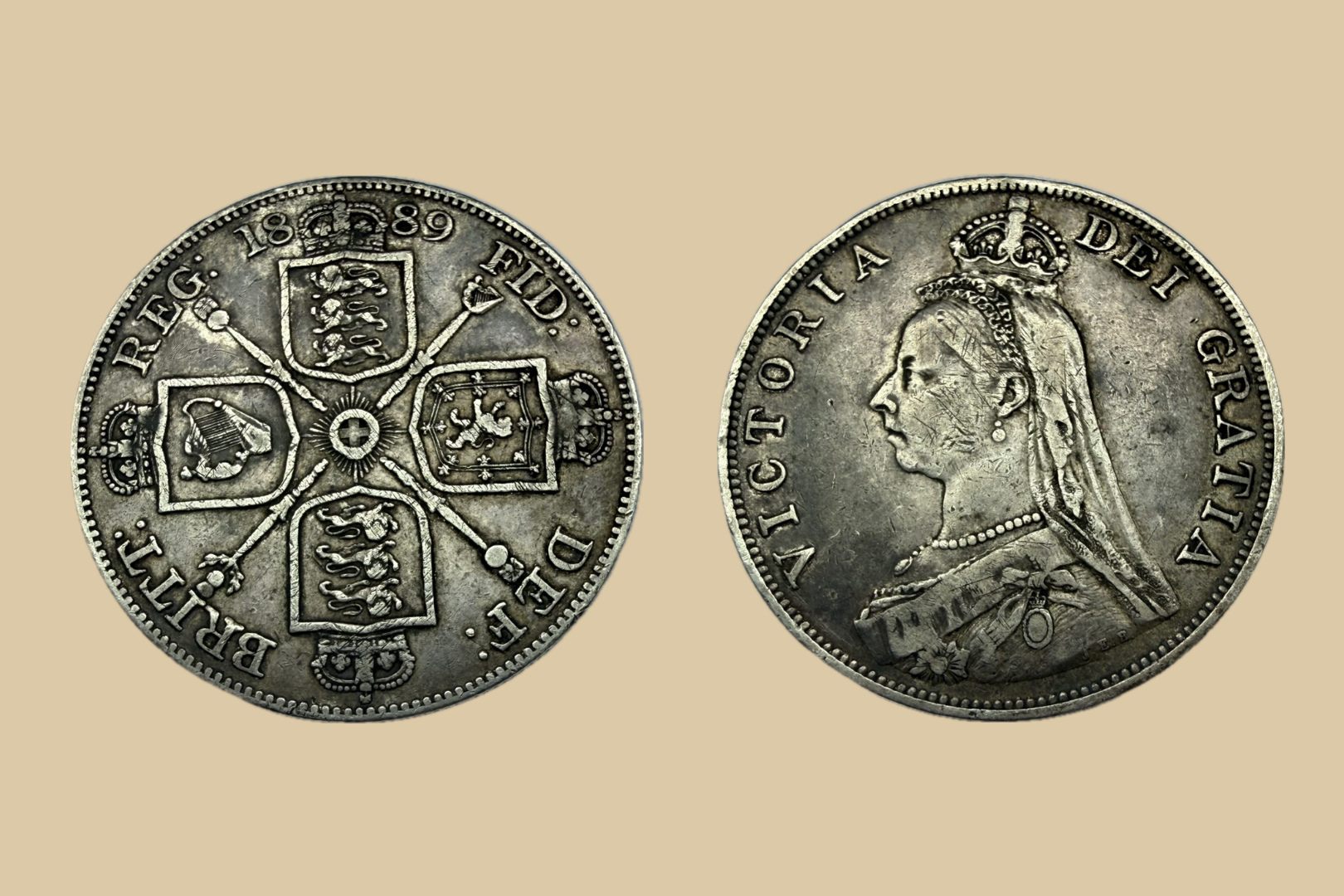 1889 Great Britain Queen Victoria Jubilee Head Double Florin 2nd I inverted 1 variety silver coin obverse and reverse