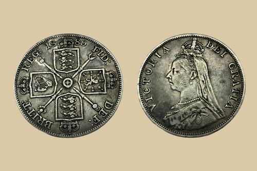 1889 Great Britain Queen Victoria Jubilee Head Double Florin 2nd I inverted 1 variety silver coin obverse and reverse