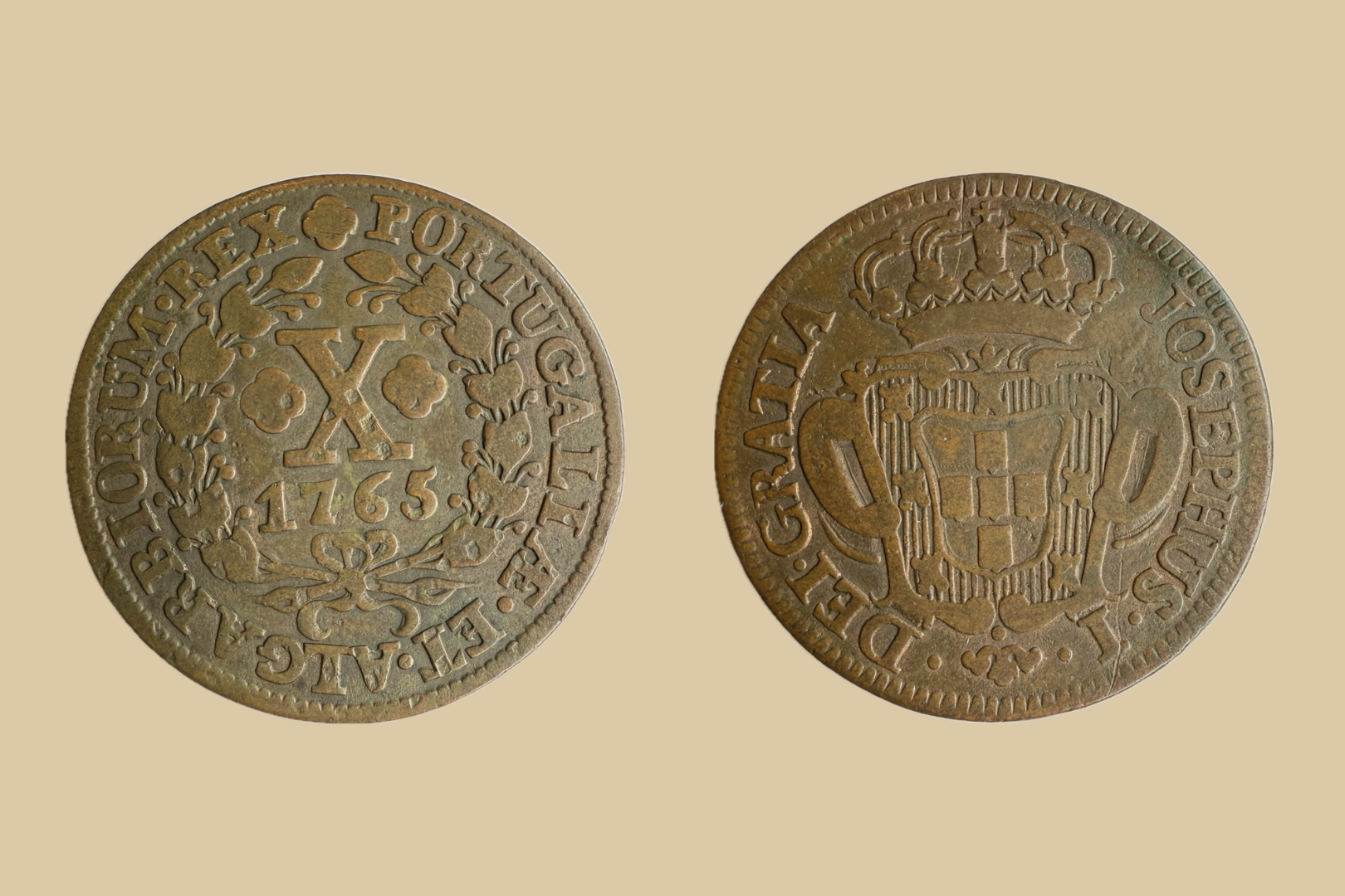 1765 Portugal X Reis coin obverse and reverse