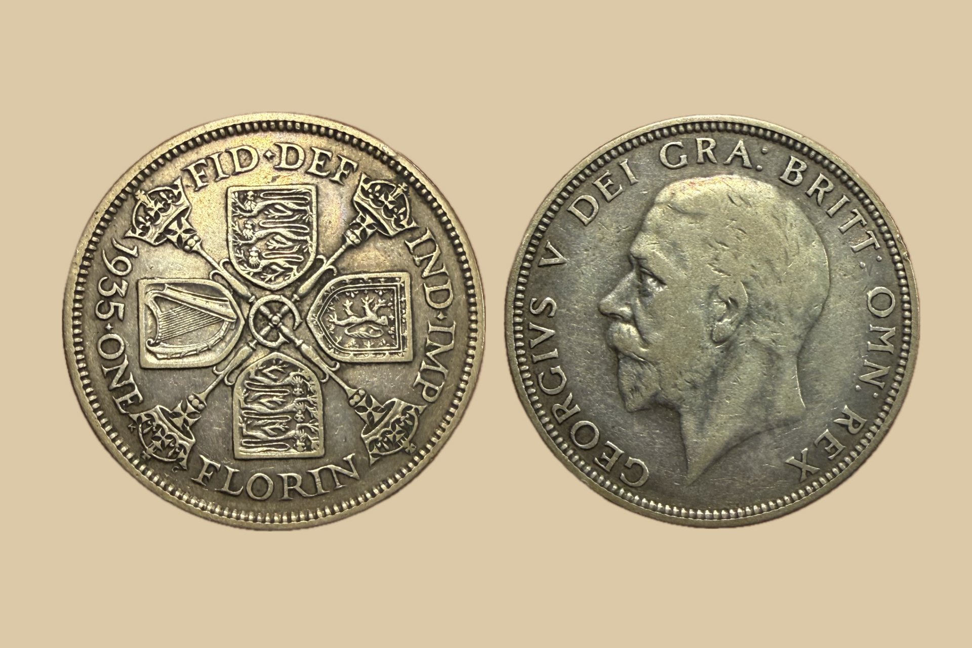 1935 Great Britain Florin silver coin obverse and reverse